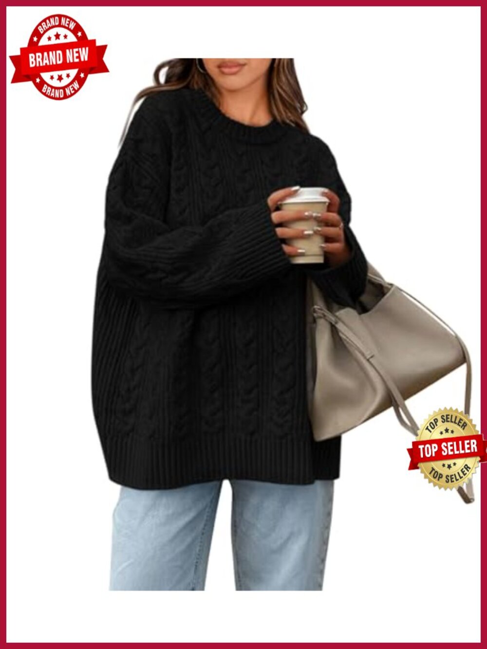 Oversized Cable Knit Crewneck Pullover Sweater Chunky Cozy Long Sleeve